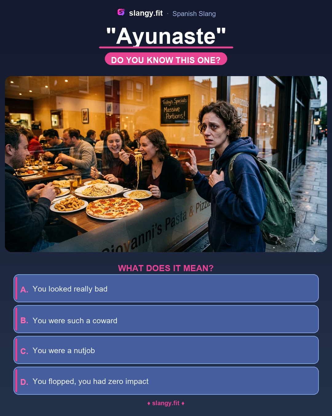 Quiz: What does 'Ayunaste' mean in Spanish? Four multiple-choice options: You were such a coward, You looked really bad, You were a nutjob