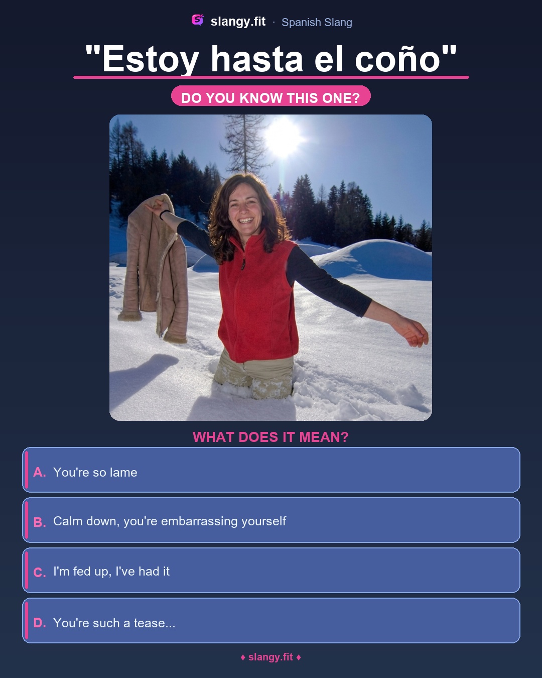 Quiz: What does 'Estoy hasta el coño' mean in Spanish? Four multiple-choice options: You're so lame, Calm down, you're embarrassing yourself, You're such a tease...