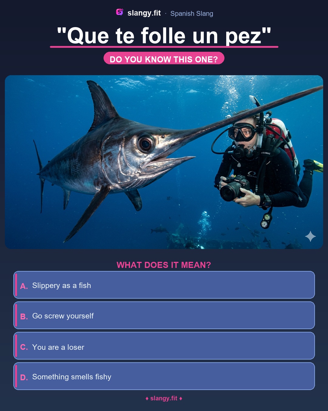 Quiz: What does 'Que te folle un pez' mean in Spanish? Four multiple-choice options: You are a loser, Something smells fishy, Slippery as a fish